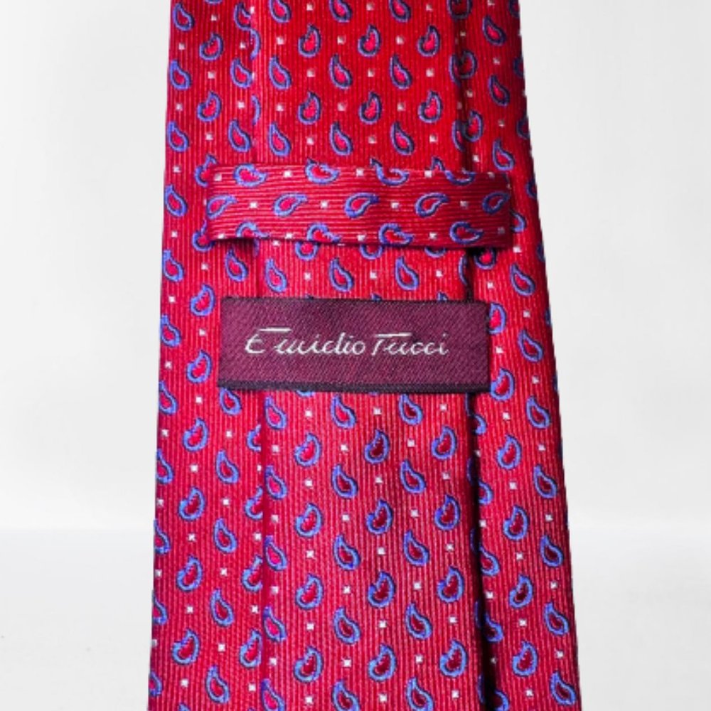 Emilio Tucci Tie 100% Silk Handmade Red Blue Geometric Pattern Macclesfield tie